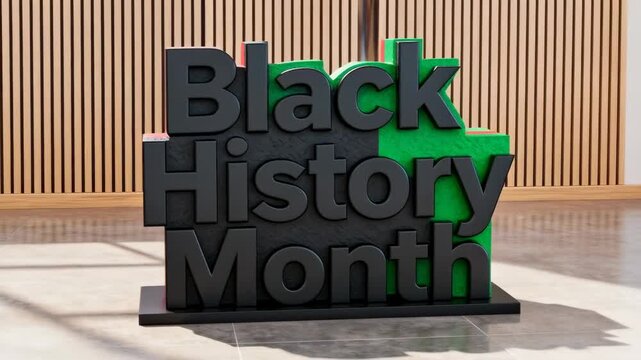Camera panning, centering Black History Month sculpture with red-green blocks on floor corner