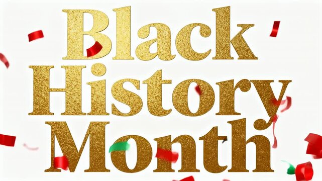 Top corners releasing confetti, gold-text Black History Month shimmering on white set, celebrating