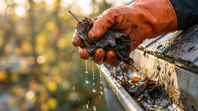Hand in orange protective glove removing wet autumn leaves and debris from a clogged gutter with water dripping for seasonal home maintenance concept.