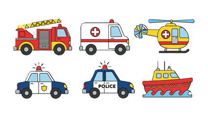 Emergency Response Fleet: A vibrant collection of emergency vehicles, including a fire engine, ambulance, helicopter, police cars, and a rescue boat, stands ready for action. © AJM