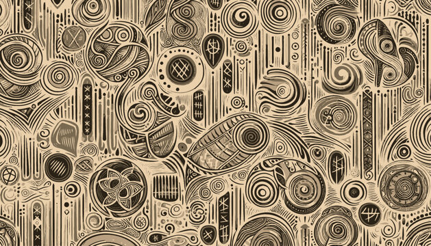 seamless pattern with abstract symbols spirals tally marks and ornaments