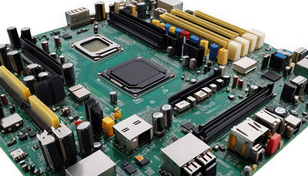 Detailed close up view of a complex green printed circuit board featuring memory slots and processor socket on transparent background