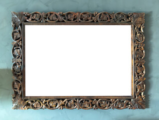 Ornate rectangular wooden frame with carved floral ornament surrounds blank center mockup, mock up
