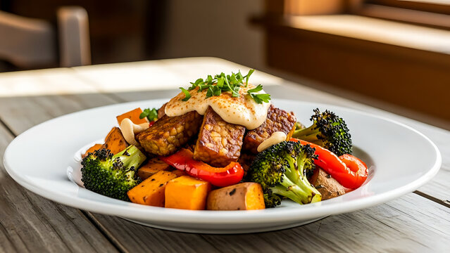 Healthy roasted tempeh and vegetable salad bowl