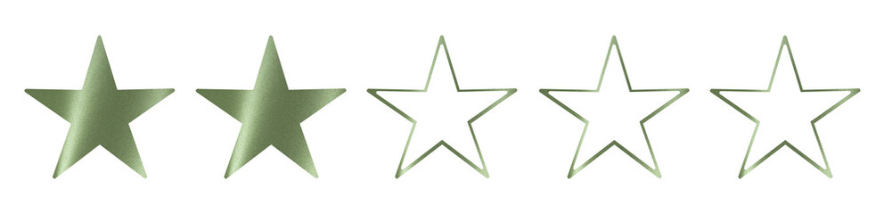 Obraz premium Two filled green stars with three outlined shapes isolated on white background. Low rating scale