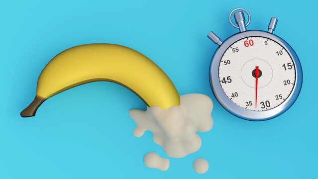 A 3D rendering of a stopwatch alongside a banana with cream leaking from its tip serves as a metaphor for premature ejaculation.