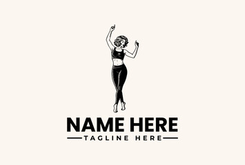Black and white illustration of a woman in a dynamic pose with raised arms, standing against a clean background with placeholder text for a logo or brand name.