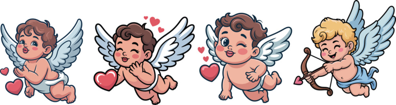 Cute Baby Cupid Angels Set Valentine Love Illustration - Cartoon Cupid Angels Collection with Hearts Vector - cupid, cupid angel, baby cupid, cupid set, cupid collection, cartoon cupid, cute cupid, va