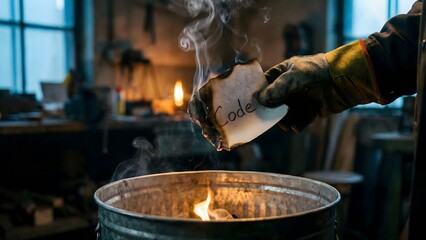 Smoke rises from burning incense and candles at a hot metal forge inside a Buddhist temple where the craft of wood and iron work meets spiritual prayer