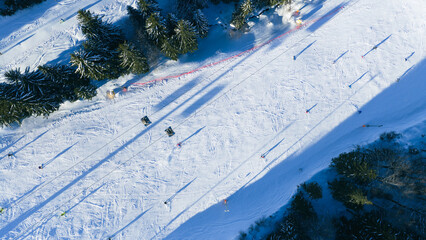Top down aerial view of skiers moving across groomed snow slope, creating dynamic patterns and long shadows, suitable for winter sports and outdoor concepts