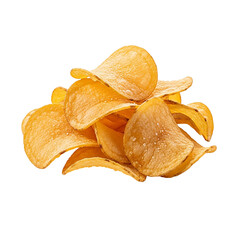 Stack of crispy golden potato chips with salt on transparent background