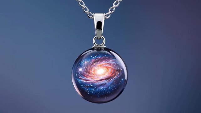 Camera zooming, round glass pendant approaching camera for product display, with chain and galaxy