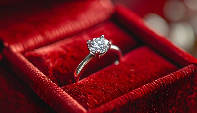 Diamond engagement ring in red velvet jewelry box.