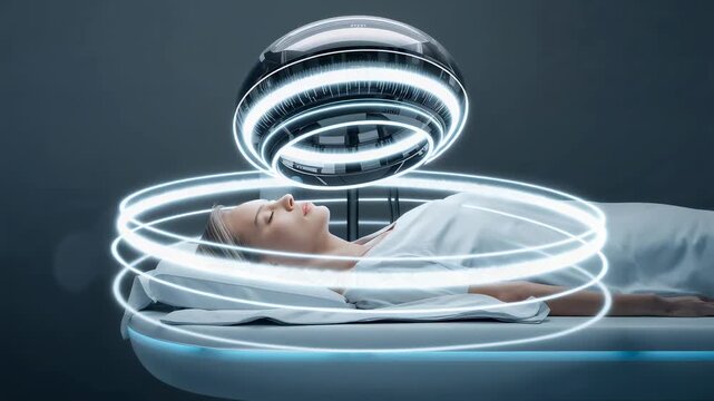Activating dome emitting glowing rings, scanning supine woman on exam table for scan in white gown