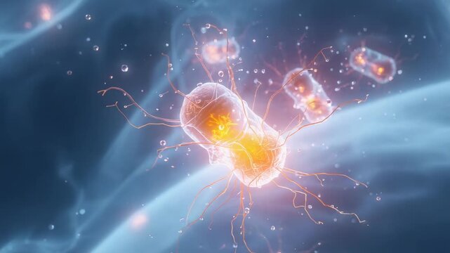 Fluid flow carrying glowing microbe drifting on fiber in microscopic fluid, pulsing orange core