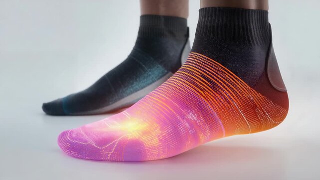 Animating adult feet wearing multicolor right sock as frames progress in studio, showing heat map