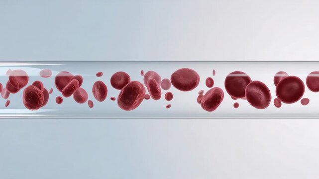 Starting simulation moving clear tube carrying red disc cells in lab, showing highlights for study