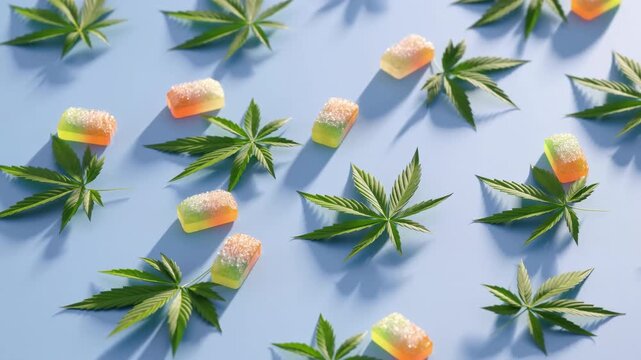 Bright Display Of Edible Cannabis Products, Vibrant Scene Showcasing Gummy Candies With Hemp Details