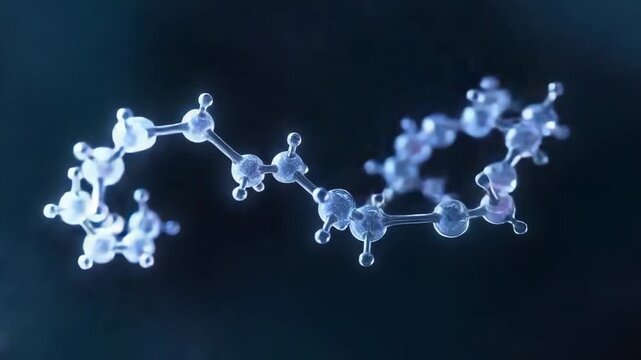 Rotating molecule revealing spheres and bonds while camera pulling back against dark blue backdrop