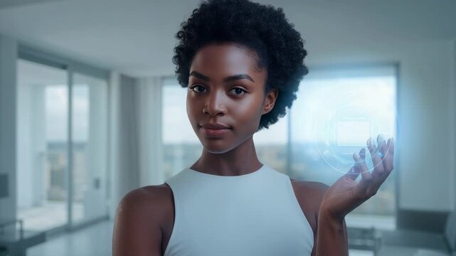 Raising hand, woman in white top summoning blue hologram above palm at home to activate interface