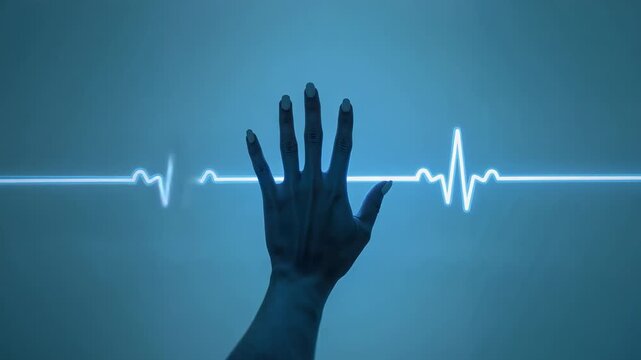 Entering right hand reaching upward at blue studio close-up, aligning with neon ECG waveform