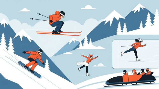 Winter sports collage featuring skiing snowboarding ice skating and bobsledding flat vector illustration for seasonal promotions