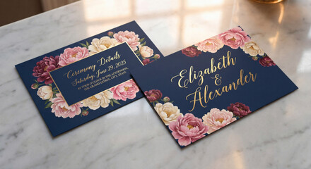 Luxury wedding invitation mockup on marble. Navy blue cards with gold foil calligraphy and pink peony floral borders. Elegant ceremony details stationery set with warm natural sunlight.