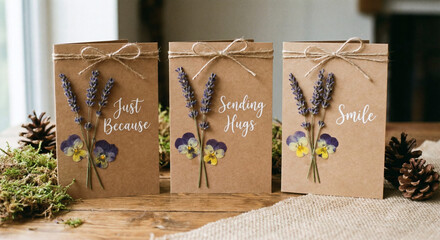 Rustic kraft paper greeting card mockup with dried lavender and pansies. "Just Because," "Sending Hugs," and "Smile" cards on wood with moss and pinecones for a cozy, handmade aesthetic.