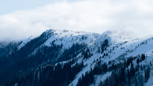 Wide winter mountain landscape with snow covered slopes, ski lifts, and alpine terrain under cloudy sky, suitable for tourism, travel, and seasonal concepts