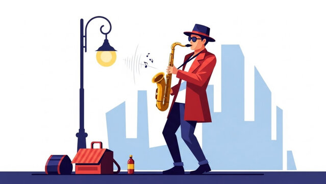 Man playing saxophone on city street jazz musician performing outdoors with cityscape background urban music concept illustration