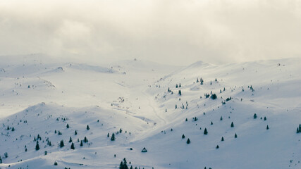 Snowy alpine mountains with forested slopes and dramatic winter atmosphere, ideal for nature backgrounds, winter travel promotion, and outdoor adventure themes © Sanja