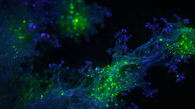 Shifting focus showing fiber with green dots moving and purple tips to see detail under microscope