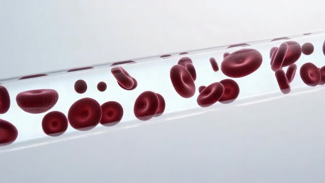 Pressure pushing red blood cells translating right inside transparent tube, rotating and colliding