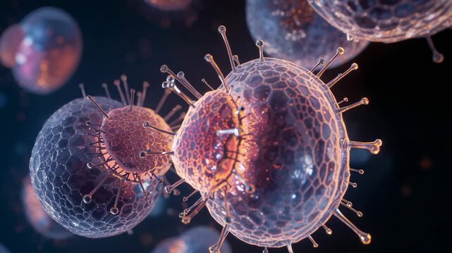 Camera moving closer, two spheres rotating into touch in micro fluid, revealing hex mesh and spikes