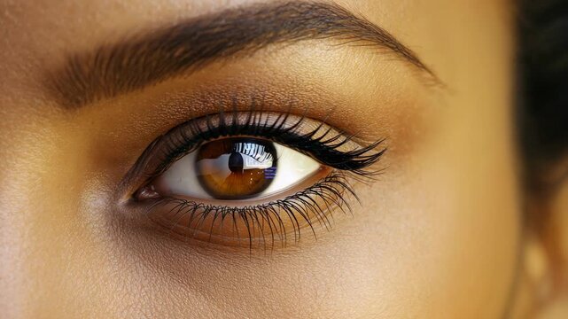 Opening makeup model's eye as camera focusing in studio for closeup, with eyeliner and ringlight