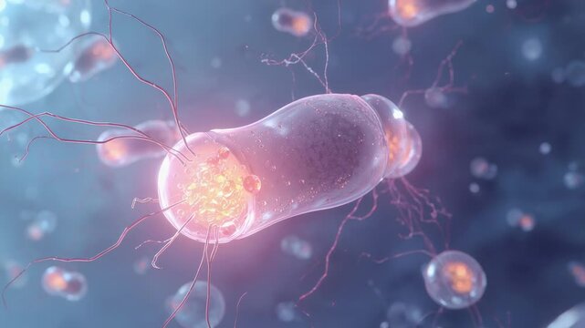 Drifting after fluorescence, pill microbe rotating in fluid, with pili, glowing core, attached bud