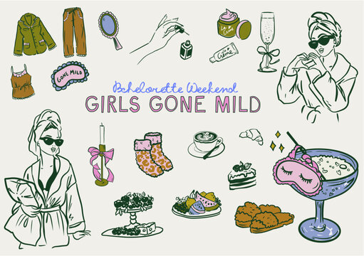 Set of hand drawn Girls Gone Mild Bachelorette Weekend doodle icons, Hen Party self care and pampering illustrations