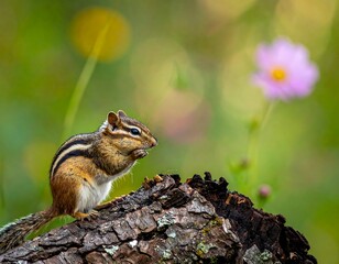 Focused chipmunk perched on a log in nature.