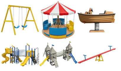 a vibrant collection of children's playground equipment, including swings, slides, a carousel, and...
