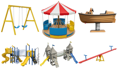 a vibrant collection of children's playground equipment, including swings, slides, a carousel, and a seesaw, isolated on white.