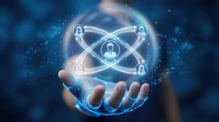 Digital network connection icons held in a human hand against a technological blue background with copy space for customer relationship management concept.