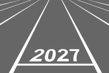 A running track with white markings showing the year 2027, symbolizing goals and achievements