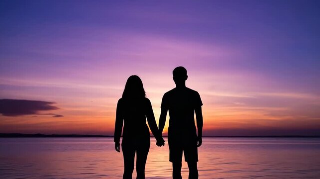 Couple holding hands at sunset
