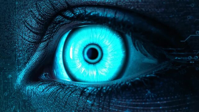 Pulse arriving, human eye brightening into cyan pupil-ring for scan in close-up, with circuits