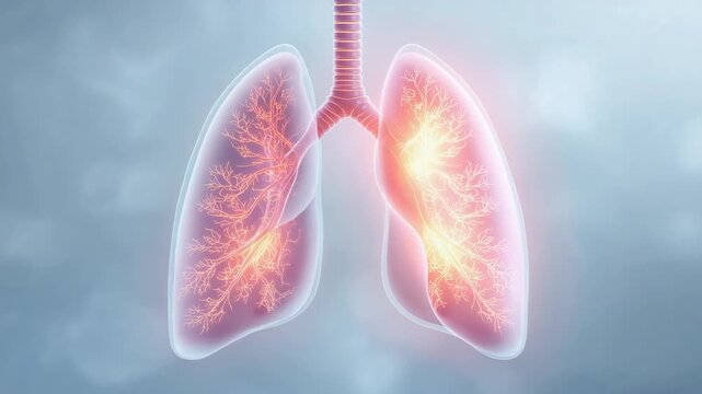 On start, pulsing lungs with trachea in medical view, amber bronchi shifting and showing airflow