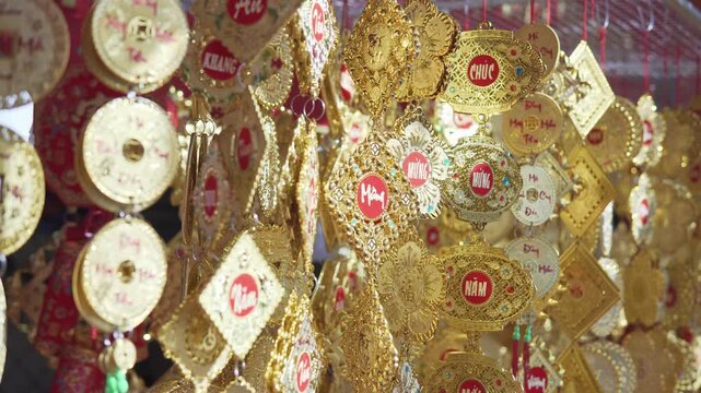 Red and gilded decorations at Lunar New Year market, Vietnam
