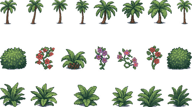 Collection of varied pixel art tropical plants, bushes, and vibrant flowers for game environments