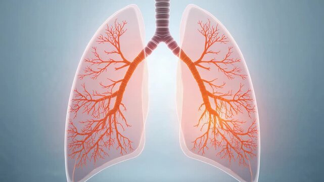 Pulsing lungs and trachea shifting orange bronchi glowing on play in medical art for bronchi study