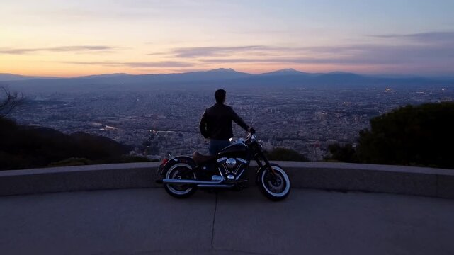 Silhouetted Motorcycle Rider Stands Contemplative By Cruiser While Overlooking Sunsetlit City Valley