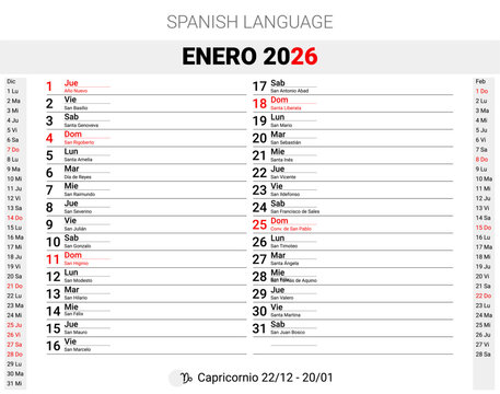 Spanish Saints Calendar January 2026 Page with Capricorn Zodiac Sign